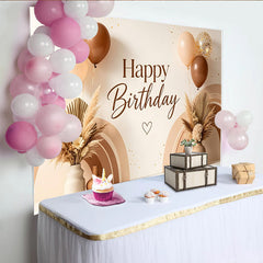 Lofaris Toile de fond joyeux anniversaire bohème avec herbe de pampa et ballons, magnifique arrière-plan aux tons neutres
