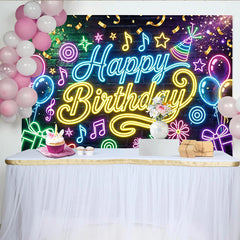 Lofaris Toile de fond joyeux anniversaire néon avec ballons et cadeaux, décor de fête lumineux pour studio photo et célébration
