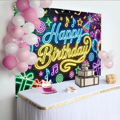Lofaris Toile de fond joyeux anniversaire néon avec ballons et cadeaux, décor de fête lumineux pour studio photo et célébration