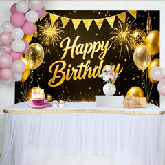 Lofaris Toile de fond joyeux anniversaire or et noir avec ballons et feux d'artifice, magnifique décor de fête pour studio photo et célébration