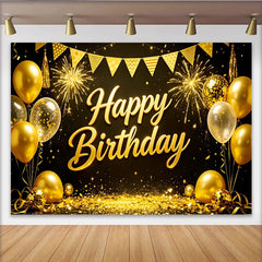 Lofaris Toile de fond joyeux anniversaire or et noir avec ballons et feux d'artifice, magnifique décor de fête pour studio photo et célébration