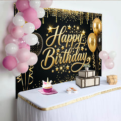 Lofaris Élégante toile de fond joyeux anniversaire noir et or, magnifique décor de fête avec ballons et étoiles pour studio photo