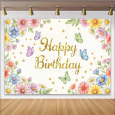 Lofaris Toile de fond joyeux anniversaire dorée avec fleurs colorées et papillons, magnifique décor de fête pour studio photo