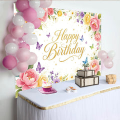 Lofaris Toile de fond d'anniversaire florale avec roses et marguerites et papillons dorés, élégant décor de fête pour studio photo