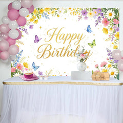 Lofaris Toile de fond joyeux anniversaire florale et papillons, arrière-plan printanier pour célébration et séance photo