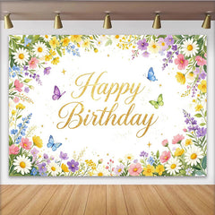 Lofaris Toile de fond joyeux anniversaire florale et papillons, arrière-plan printanier pour célébration et séance photo