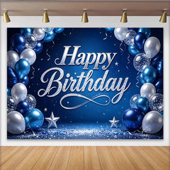 Lofaris Toile de fond joyeux anniversaire bleu et argent avec ballons et étoiles, magnifique arrière-plan de fête pour séance photo