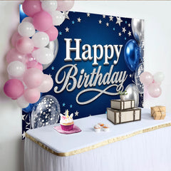 Lofaris Toile de fond joyeux anniversaire bleu et argent avec ballons, décor pour fête d'anniversaire et séance photo