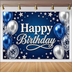 Lofaris Toile de fond joyeux anniversaire bleu et argent avec ballons, décor pour fête d'anniversaire et séance photo