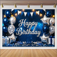 Lofaris Toile de fond joyeux anniversaire bleu nuit et argent pailleté, avec ballons étoiles et cadeaux pour studio photo