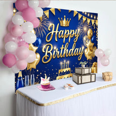 Lofaris Toile de fond joyeux anniversaire bleu et or avec couronne et ballons, magnifique décor de fête pour studio photo