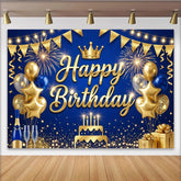 Lofaris Toile de fond joyeux anniversaire bleu et or avec couronne et ballons, magnifique décor de fête pour studio photo