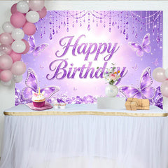 Lofaris Magnifique toile de fond anniversaire papillons violets et diamants scintillants, décor de fête pour studio photo et célébration