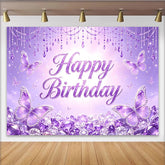 Lofaris Magnifique toile de fond anniversaire papillons violets et diamants scintillants, décor de fête pour studio photo et célébration