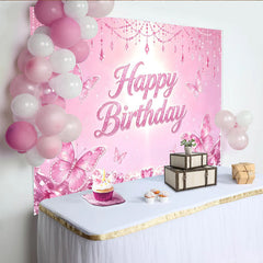 Lofaris Toile de fond rose joyeux anniversaire papillons et cristaux pour fille, magnifique décor de fête scintillant pour studio photo