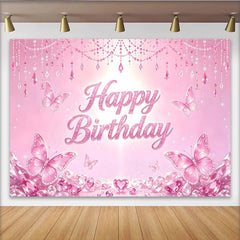 Lofaris Toile de fond rose joyeux anniversaire papillons et cristaux pour fille, magnifique décor de fête scintillant pour studio photo