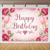Lofaris Toile de fond joyeux anniversaire rose avec paillettes et ballons, magnifique décor de fête pour séance photo