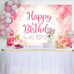 Lofaris Toile de fond rose joyeux anniversaire avec fleurs, ballons et paillettes, magnifique décor de fête pour séance photo