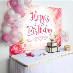 Lofaris Toile de fond rose joyeux anniversaire avec fleurs, ballons et paillettes, magnifique décor de fête pour séance photo