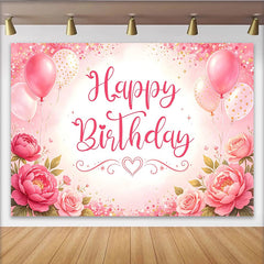 Lofaris Toile de fond rose joyeux anniversaire avec fleurs, ballons et paillettes, magnifique décor de fête pour séance photo