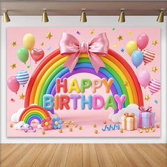 Lofaris Toile de fond joyeux anniversaire arc-en-ciel rose avec ballons et nœud, magnifique décor de fête pour enfants et studio photo