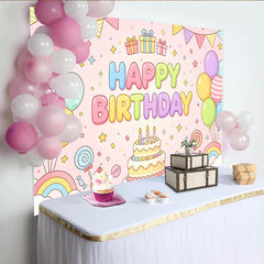 Lofaris Toile de fond joyeux anniversaire rose pastel avec ballons et gâteau, décor de fête d'enfants dessin animé avec arcs-en-ciel