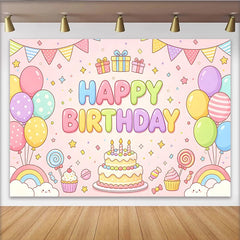 Lofaris Toile de fond joyeux anniversaire rose pastel avec ballons et gâteau, décor de fête d'enfants dessin animé avec arcs-en-ciel
