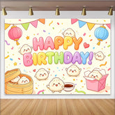 Lofaris Toile de fond joyeux anniversaire baozi dessin animé coloré, décor festif avec lanternes et confettis pour fête d'enfants