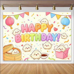 Lofaris Toile de fond joyeux anniversaire baozi dessin animé coloré, décor festif avec lanternes et confettis pour fête d'enfants