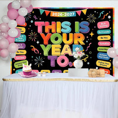 Lofaris Toile de fond colorée pour le Nouvel An avec feux d'artifice et texte motivant, arrière-plan festif pour célébrations et studio photo