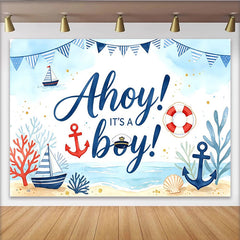 Lofaris Toile de fond pour baby shower garçon nautique avec ancre et bateau, magnifique décor pour fête prénatale et séance photo