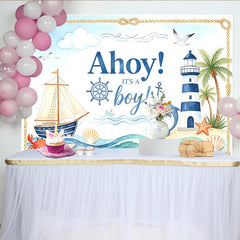 Lofaris Toile de fond pour baby shower garçon, thème marin avec phare et bateau, décoration océanique pour fête prénatale et séance photo