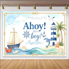 Lofaris Toile de fond pour baby shower garçon, thème marin avec phare et bateau, décoration océanique pour fête prénatale et séance photo