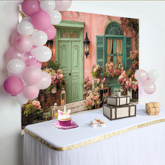 Lofaris Toile de fond mur rose pastel et porte verte menthe fleurie, pour mariage, fête prénatale, anniversaire