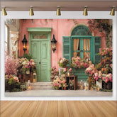 Lofaris Toile de fond mur rose pastel et porte verte menthe fleurie, pour mariage, fête prénatale, anniversaire