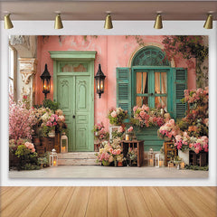Lofaris Toile de fond mur rose pastel et porte verte menthe fleurie, pour mariage, fête prénatale, anniversaire