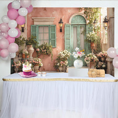 Lofaris Toile de fond de fête mur pêche et porte verte, avec fleurs et décor rustique élégant pour célébration