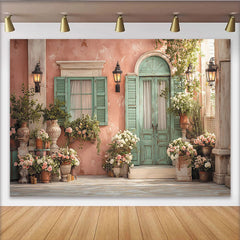 Lofaris Toile de fond de fête mur pêche et porte verte, avec fleurs et décor rustique élégant pour célébration