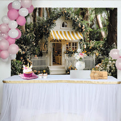 Lofaris Maison de conte de fées et roses, toile de fond de fête avec auvent rayé jaune et blanc, pour jardin enchanté