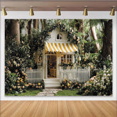 Lofaris Maison de conte de fées et roses, toile de fond de fête avec auvent rayé jaune et blanc, pour jardin enchanté
