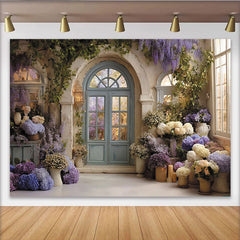 Lofaris Toile de fond jardin romantique avec porte bleue et glycine, hortensias lavande et lierre, pour mariage et séance photo