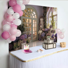 Lofaris Toile de fond jardin florale élégante avec fenêtres arquées, pour fête, mariage et baby shower, hortensias lavande et roses