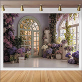 Lofaris Toile de fond jardin florale élégante avec fenêtres arquées, pour fête, mariage et baby shower, hortensias lavande et roses