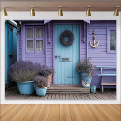 Lofaris Toile de fond cabane en bois lavande et porte bleue, décor rustique avec ancre et plantes de lavande en pot