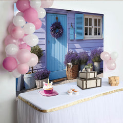 Lofaris Toile de fond maison lavande et porte bleue, décor floral rustique pour photographie, printemps été