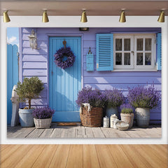 Lofaris Toile de fond maison lavande et porte bleue, décor floral rustique pour photographie, printemps été