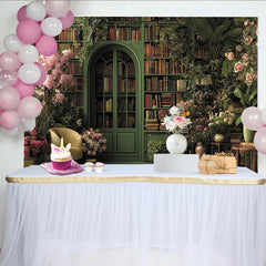 Lofaris Toile de fond bibliothèque verte, fleurs roses et plantes luxuriantes, pour séance photo élégante