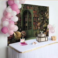 Lofaris Toile de fond bibliothèque verte, fleurs roses et plantes luxuriantes, pour séance photo élégante
