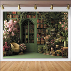 Lofaris Toile de fond bibliothèque verte, fleurs roses et plantes luxuriantes, pour séance photo élégante