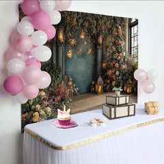 Lofaris Toile de fond de fête jardin enchanté avec fleurs, lanternes et étoiles lumineuses, pour célébrations élégantes